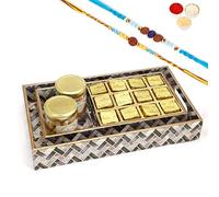 Ghasitaram Gifts Rakhi Gifts for Brothers Set of 2 Printed Blue Trays of MEWA Bites, Roasted Cashews and Almonds Jars with 2 Blue Rudraksh Rakhis
