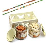 Ghasitaram Gifts Rakhi Gifts for Brothers White Wooden Tray of 2 Jars of Cashews and Almonds with 2 Green Beads Rakhis