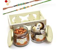 Ghasitaram Gifts Rakhi Gifts for Brothers White Wooden Tray of 2 Jars of Channa Laddoo and Almonds with 2 Green Beads Rakhis