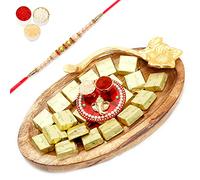 Ghasitaram Gifts Rakhi Gifts for Brothers Wooden Chocolate Platter with Mini Pooja Thali with Pearl Rakhi