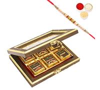 Ghasitaram Gifts Rakhi Gifts for Brothers Wooden Lazer 6 pcs Assorted Sugafree Chocolates Box with Pearl Rakhi