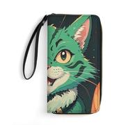 GHBNK Black And-White Stripes Wallets for Women Long Wristlet Leather Wallets with Zipper Holder Large Capacity Coin Pocket, Anime Green Cat, 19.7x10.5cm, Modern