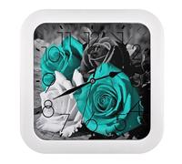 GHBNK Black White Teal Gray Rose Flowers Wall Clock Silent Non-Ticking Clock 10 Inch Personalized Classic Square Decorative Digital Clocks for Kitchen, Living Room, Office, Bedroom, Bathroom