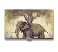 GHBNK Business Card Holder, Asian Elephant with Tree Credit Cards Holder Professional Slim Card Holders Wallet with Buckle Style Shut Aluminum Alloy Metal Business Card Organizer for Men & Women
