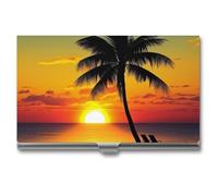 GHBNK Business Card Holder, Camel Desert Credit Cards Holder Professional Slim Card Holders Wallet with Buckle Style Shut Aluminum Alloy Metal Business Card Organizer for Men & Women, sunset palm tree