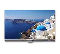 GHBNK Business Card Holder, Camel Desert Credit Cards Holder Professional Slim Card Holders Wallet with Buckle Style Shut Aluminum Alloy Metal Business Card Organizer for Men & Women, Santorini Greek