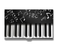 GHBNK Business Card Holder, Piano Keys With Musical Notes Credit Cards Holder Professional Slim Card Holders Wallet with Buckle Style Shut Aluminum Alloy Metal Business Card Organizer for Men & Women