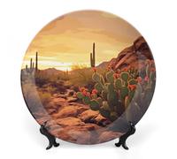 GHBNK Cactus at Sunset Poster Ceramic Decorative Plates Personalized Bone China Decorative Plate Display Dish Dessert Plate Decoratives Porcelain Dinner Home for Birthday Christmas Gifts 7inch