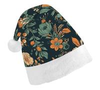 GHBNK Classic Unisex Santa Hat - Orange And Green Flowers Plush Christmas Party Hat, Xmas Holiday Costume Accessory
