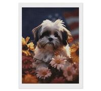 GHBNK Diamond Painting Kit for Adults Shih Tzu Dog and Flowers DIY Art Craft, 12"x16" Diamond Painting Home Decor, Canvas Art Creative DIY Paintings Kit for Stress Relief Arts Project