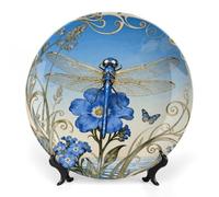 GHBNK Dragonfly Forget-me-not Ceramic Decorative Plates Personalized Bone China Decorative Plate Display Dish Dessert Plate Decoratives Porcelain Dinner Home for Birthday Christmas Gifts 7inch