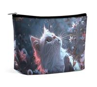 GHBNK Flowers And Leaves Cosmetic Bag Portable Toiletry Bag Travel Makeup Bags Makeup Organizer Lipstick Bags for Women, White Cat in Flowers, One Size