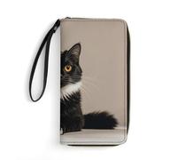 GHBNK Paint Splatter Backdrop Wallets for Women Long Wristlet Leather Wallets with Zipper Holder Large Capacity Coin Pocket, Black cat with white, 19.7x10.5cm, Modern