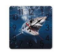 GHBNK Personalized Great White Shark Opens Mouth Wall Clock Silent Non-Ticking Clock 9.8 Inch Small Classic Square Decorative Digital Clocks for Kitchen, Living Room, Office, Bedroom, Bathroom