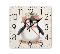 GHBNK Personalized Penguin Wearing Flowers Wall Clock Silent Non-Ticking Clock 9.8 Inch Small Classic Square Decorative Digital Clocks for Kitchen, Living Room, Office, Bedroom, Bathroom