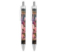 GHBNK Retro Flowers Ballpoint Pens Retractable Ball Point Pens Black Ink 0.5mm Fine Point Smooth Writing Pen Office Supplies 2 PCS
