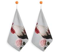 GHBNK Rooster Red White Pink Rose Hand Towels Ultra Soft Absorbent Dish Towel Hanging Dish Towels Quick Drying Towel for Use in Kitchen Bathroom Home Decor 2PCS