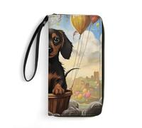 GHBNK Teal Grey Rose Wallets for Women Long Wristlet Leather Wallets with Zipper Holder Large Capacity Coin Pocket, dachshund hot air balloon, 19.7x10.5cm, Modern