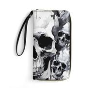 GHBNK Teal Grey Rose Wallets for Women Long Wristlet Leather Wallets with Zipper Holder Large Capacity Coin Pocket, White and gray skull graphics, 19.7x10.5cm, Modern