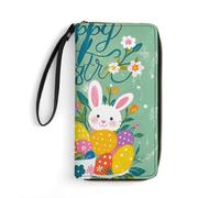 GHBNK Teal Grey Rose Wallets for Women Long Wristlet Leather Wallets with Zipper Holder Large Capacity Coin Pocket, Spring Happy Easter Holiday, 19.7x10.5cm, Modern