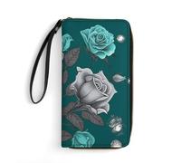 GHBNK Teal Grey Rose Wallets for Women Long Wristlet Leather Wallets with Zipper Holder Large Capacity Coin Pocket, Teal Grey Rose, 19.7x10.5cm, Modern