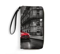 GHBNK Tie Dye Pattern Wallets for Women Long Wristlet Leather Wallets with Zipper Holder Large Capacity Coin Pocket, City Street Red Car, 19.7x10.5cm