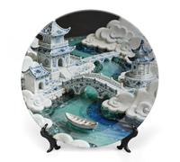 GHBNK White Porcelain Building Ceramic Decorative Plates Personalized Bone China Decorative Plate Display Dish Dessert Plate Decoratives Porcelain Dinner Home for Birthday Christmas Gifts 8inch