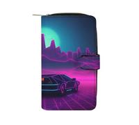 GHBNK Women's Leather Wallet Long Wallet for Men Animal Brown Cow Wristlet Wallets with 12 Card Holder Large Capacity Coin Pocket, Retrowave pictures, 19.7x11x3.5cm