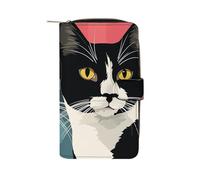 GHBNK Women's Leather Wallet Long Wallet for Men Bohemian Elephant Pattern Wristlet Wallets with 12 Card Holder Large Capacity Coin Pocket, Black and White Cat, 19.7x11x3.5cm
