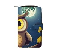 GHBNK Women's Leather Wallet Long Wallet for Men Colorful Boho Floral Wristlet Wallets with 12 Card Holder Large Capacity Coin Pocket, Owl and Yellow Moon, 19.7x11x3.5cm