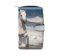 GHBNK Women's Leather Wallet Long Wallet for Men Cool Eagle Wristlet Wallets with 12 Card Holder Large Capacity Coin Pocket, White horse running on the sea, 19.7x11x3.5cm