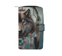 GHBNK Women's Leather Wallet Long Wallet for Men Patriotic Old Red Truck Wristlet Wallets with 12 Card Holder Large Capacity Coin Pocket, 3D Wolf Dream Catcher, 19.7x11x3.5cm