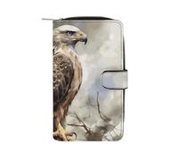 GHBNK Women's Leather Wallet Long Wallet for Men Polar Bears Northern Lights Wristlet Wallets with 12 Card Holder Large Capacity Coin Pocket, Watercolor of Hawk Sitting, 19.7x11x3.5cm