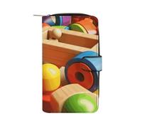 GHBNK Women's Leather Wallet Long Wallet for Men Santa Hat Gift And Merry Christmas Wristlet Wallets with 12 Card Holder Large Capacity Coin Pocket, Colorful Wooden Toys, 19.7x11x3.5cm