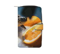GHBNK Women's Leather Wallet Long Wallet for Men Sheet Music Wristlet Wallets with 12 Card Holder Large Capacity Coin Pocket, Turtles emerging from oranges, 19.7x11x3.5cm