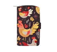GHBNK Women's Leather Wallet Long Wallet for Men Violin Sheet Music Wristlet Wallets with 12 Card Holder Large Capacity Coin Pocket, Cute Rooster Chickens, 19.7x11x3.5cm