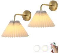 GHBSDNEPP 2 Set Modern Home Decoration Rechargeable Wall Lamp with Remote for Bedroom Battery Operated Wall Sconce Pleated Fabric Shade Black Gold Dimmable Led Wall Light for Bedside Living Room/Gold+