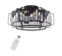 GHBSDNEPP Crystal Ceiling Fan with Lights Black Iron 18.5 inch Caged Adjustable 3 Wind Speeds Remote Control 4 E27 Low Profile Chandelier Ceiling Fan Light Fixture Flush Mount for Bedroom Dining Room/