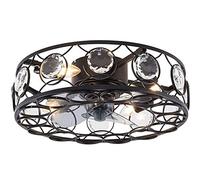 GHBSDNEPP Crystal Ceiling Fan with Lights Black Iron 18.5 inch Caged Adjustable 3 Wind Speeds Remote Control 4 E27 Low Profile Chandelier Ceiling Fan Light Fixture Flush Mount for Bedroom Dining Room/