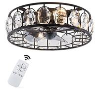 GHBSDNEPP Crystal Ceiling Fan with Lights Black Iron 18.5 inch Caged Adjustable 3 Wind Speeds Remote Control 4 E27 Low Profile Chandelier Ceiling Fan Light Fixture Flush Mount for Bedroom Dining Room/