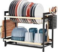 GHBSDNEPP Dish Drying Rack,2 Tier Stainless Steel Dish Rack Drainboard Set,Utensil Holder, Cutting Board Holder,Dish Drainer for Kitchen Counter,Space-Saving/Black-gold