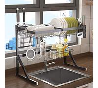 GHBSDNEPP Dish Rack and Drainboard Set Drying Rack Dishes over Sink Dish Drainer Rack, 2-Tier Large Capacity Drying Rack, Stainless Steel Cutlery with Utensil Hooks for Home Ki/Black/Single Sink 64Cm