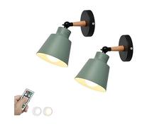 GHBSDNEPP Home Decoration Wireless Battery Farmhouse Wall Sconce Remote Control Rechargeable USB Led Puck Light Battery Operated Wall Lamp Wooden Adjustable Metal Shade Wall Lamp for Bedside/Green