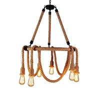 GHBSDNEPP Incandescent Retro Industrial Style Round Hemp Rope + Iron Six E27 Light Sources Crestaurant Bar Internet Clamp/Lamp
