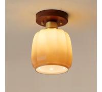 GHBSDNEPP Retro Walnut Wood Hallway Ceiling Light Japanese Style Gradient Glass Kitchen Island Semi Flush Mount Ceiling Lamp Modern Nordic Brass Bedroom Pendant Light for Entrance Hall Aisle Stairs