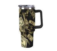 GHENBLT 40oz Insulated Tumbler with Handle And Straw Leak Proof Double Wall Stainless Steel Dollar Sign Money Water Bottle for Car Cup Holder BPA-Free Travel Coffee Mug for Hot & Cold Drinks Black
