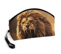 GHENBLT Angry Roaring Lion Cosmetic Bag for Women Makeup Organizer with Wide Opening & Handle Waterproof PU Leather Zipper Pouch Portable Toiletry Bag for Skincare Brush Travel Essentials