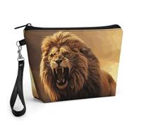 GHENBLT Angry Roaring Lion Cosmetic Bag for Women Makeup Organizer with Wide Opening & Handle Waterproof PU Leather Zipper Pouch Portable Toiletry Bag for Skincare Brush Travel Essentials