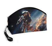 GHENBLT Astronaut Flying in Space Cosmetic Bag for Women Makeup Organizer with Wide Opening & Handle Waterproof PU Leather Zipper Pouch Portable Toiletry Bag for Skincare Brush Travel Essentials