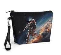 GHENBLT Astronaut Flying in Space Cosmetic Bag for Women Makeup Organizer with Wide Opening & Handle Waterproof PU Leather Zipper Pouch Portable Toiletry Bag for Skincare Brush Travel Essentials